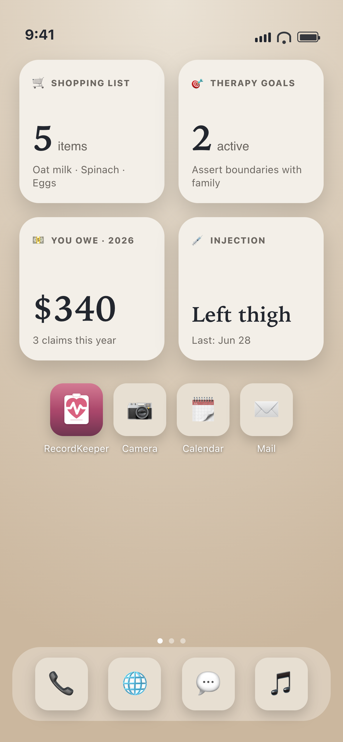 RecordKeeper home-screen widget on iPhone